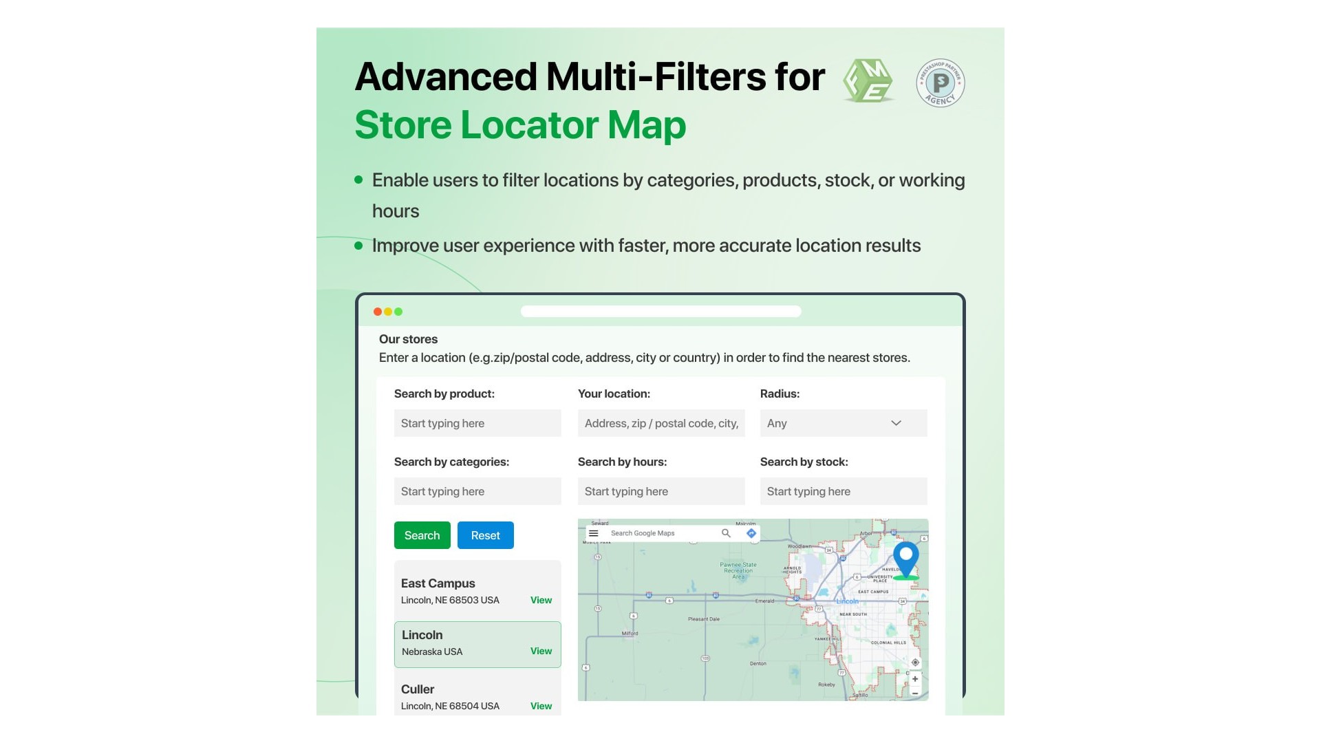 Funkce pro vyhledání obchodu a vyzvednutí s Google Maps