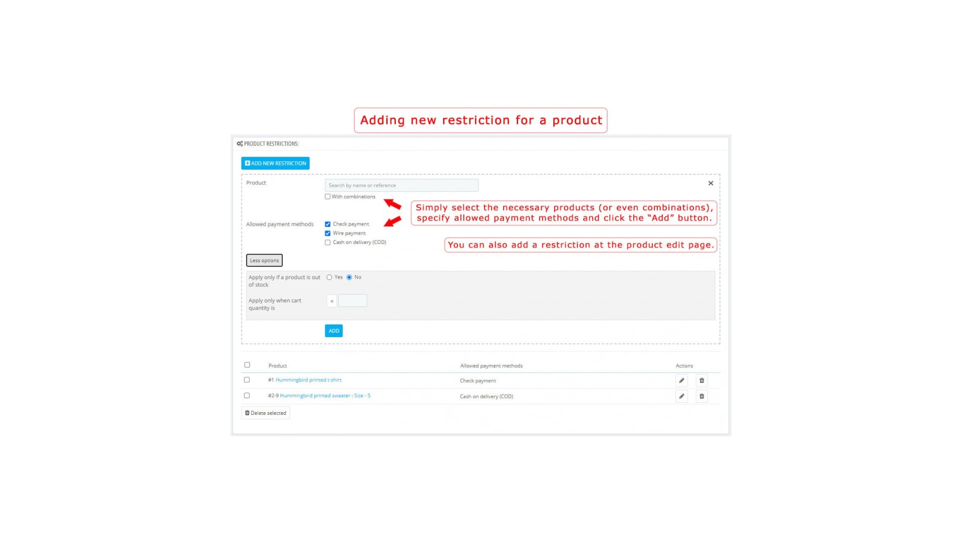 Omezení platebních metod podle produktů a kategorií