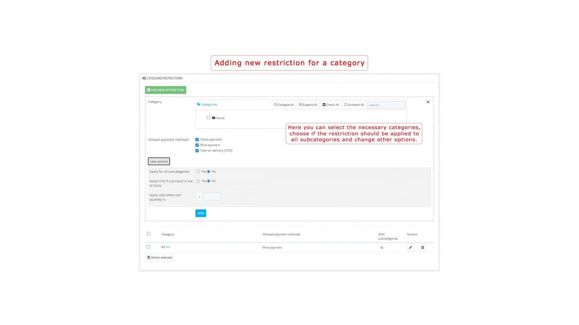 Omezení platebních metod podle produktů a kategorií