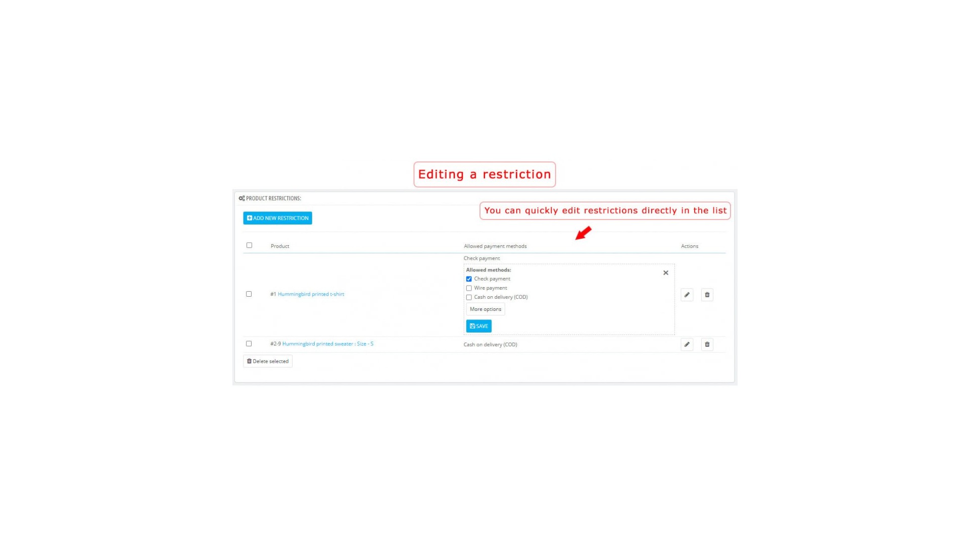 Omezení platebních metod podle produktů a kategorií