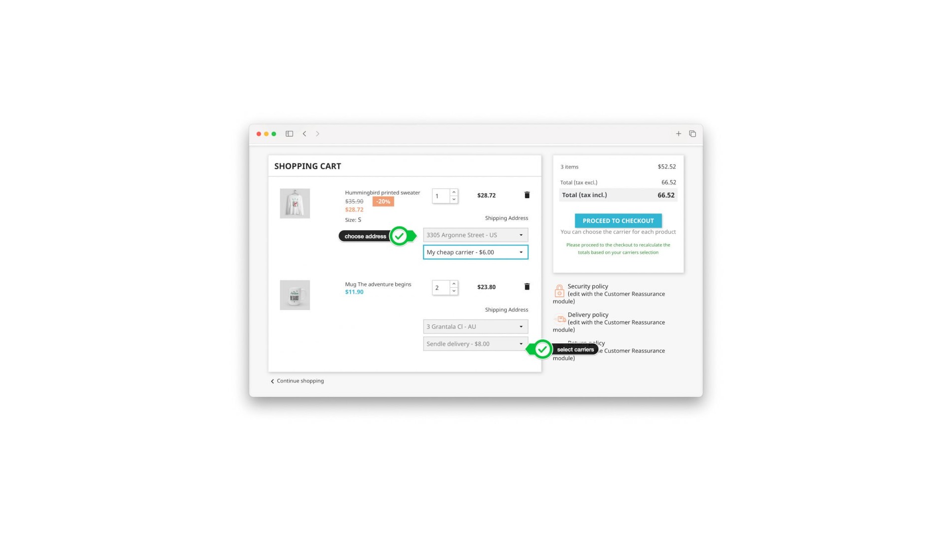 Funkce pro vícenásobné doručení a adresy v košíku