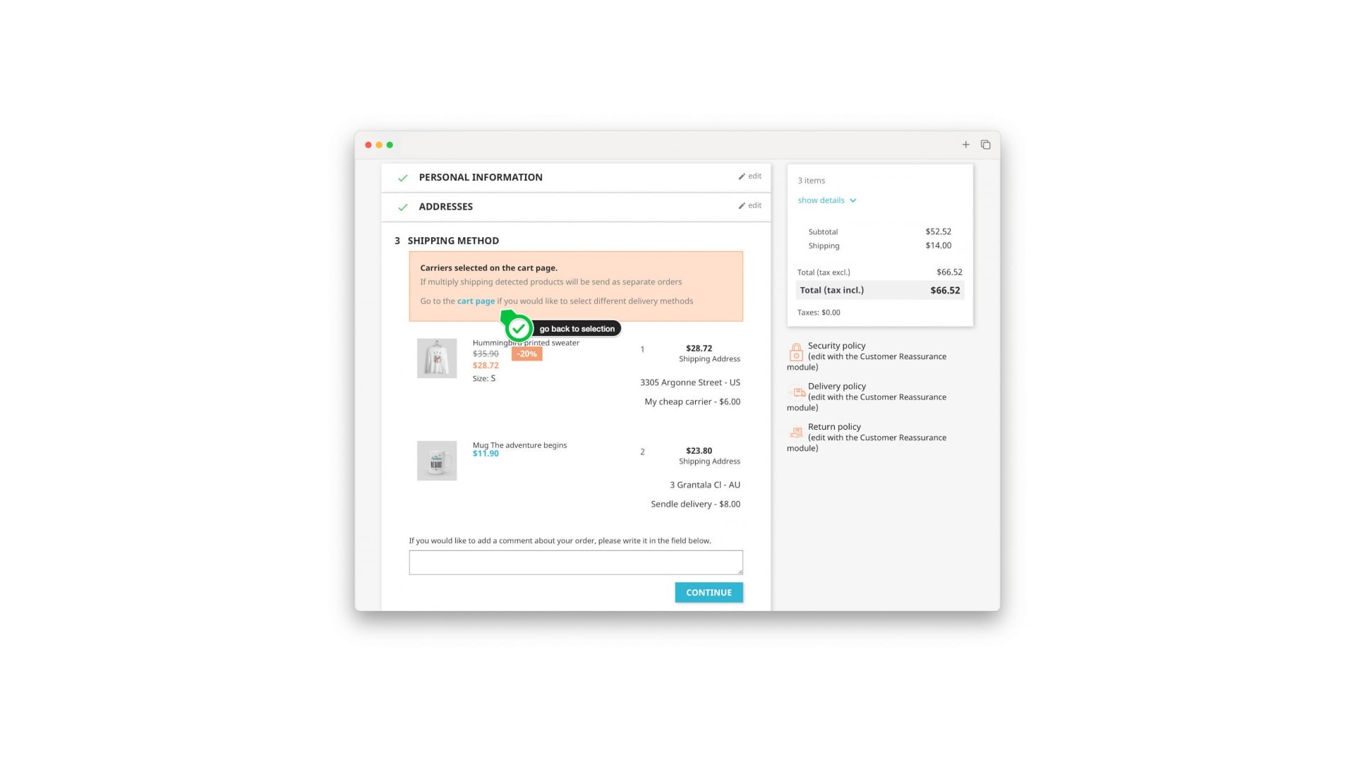 Funkce pro vícenásobné doručení a adresy v košíku