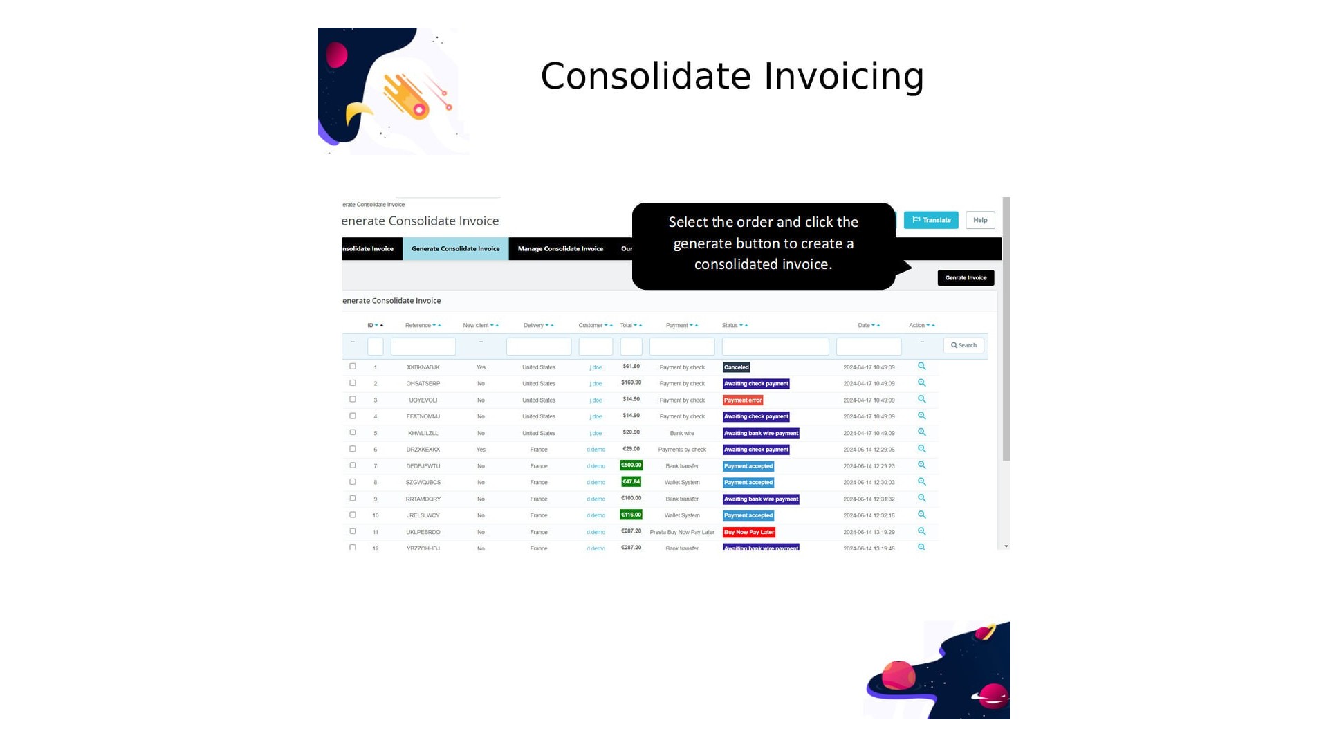 Funkce pro sloučení více objednávek do jedné faktury