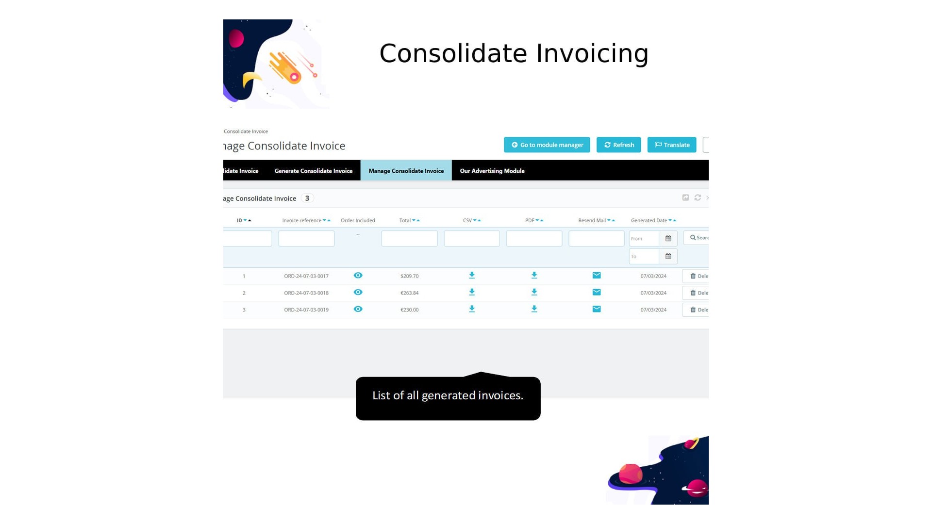 Funkce pro sloučení více objednávek do jedné faktury